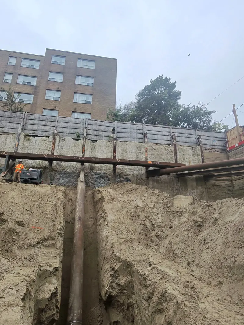 Pipe raker installed between excavation support walls