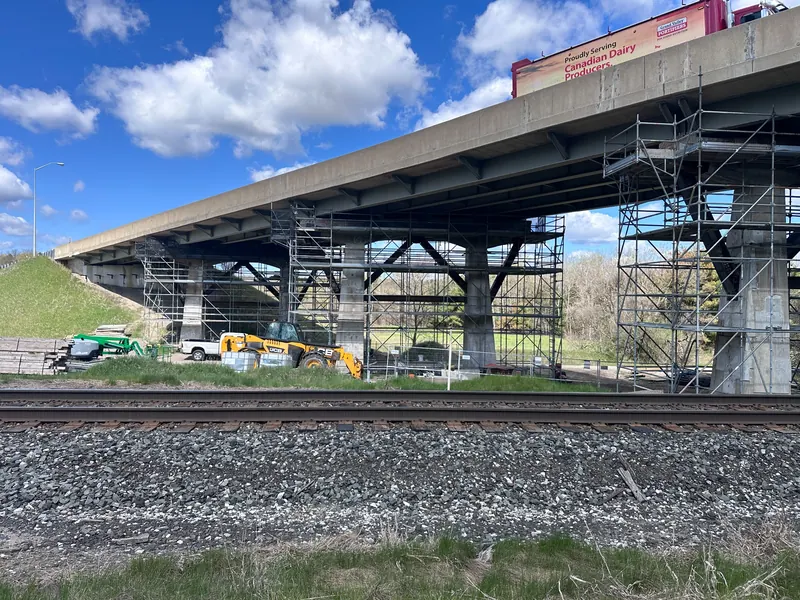 Highway bridge with scaffolding erected for steel repair work
