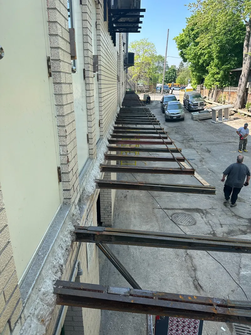 Elevated view of commercial building steel joist reinforcement